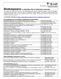 Shakespeare: a Selective List of Reference Sources