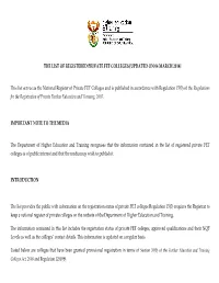 The List of Registered Private Fet Colleges [Updated on 04 March 2014]
