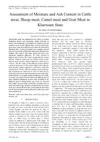 Assessment of Moisture and Ash Content in Cattle Meat, Sheep Meat, Camel Meat and Goat Meat in Khartoum State