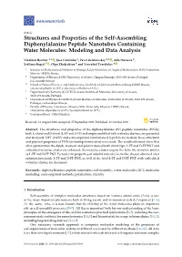 Structures and Properties of the Self-Assembling Diphenylalanine Peptide Nanotubes Containing Water Molecules: Modeling and Data Analysis