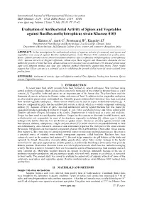 Evaluation of Antibacterial Activity of Spices and Vegetables Against Bacillus Methylotrophicus Strain Kharuss 0103