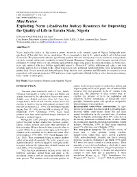 Azadirachta Indica) Resources for Improving the Quality of Life in Taraba State, Nigeria