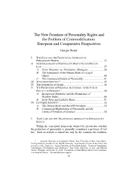 The New Frontiers of Personality Rights and the Problem of Commodification: European and Comparative Perspectives