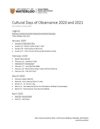 Cultural Days of Observance 2020 and 2021 Consultative Document