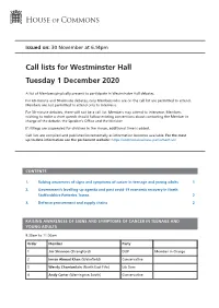 Call Lists for Westminster Hall Tuesday 1 December 2020