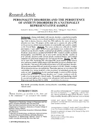 PERSONALITY DISORDERS and the PERSISTENCE of ANXIETY DISORDERS in a NATIONALLY REPRESENTATIVE SAMPLE ∗ Andrew E