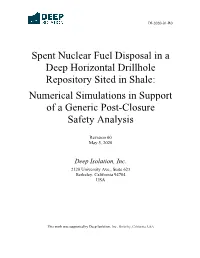 Spent Nuclear Fuel Disposal in a Deep Horizontal Drillhole Repository Sited in Shale: Numerical Simulations in Support of a Generic Post-Closure Safety Analysis
