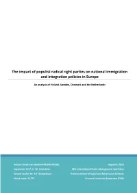 The Impact of Populist Radical Right Parties on National Immigration and Integration Policies in Europe an Analysis of Finland, Sweden, Denmark and the Netherlands