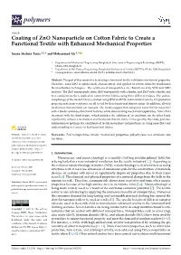 Coating of Zno Nanoparticle on Cotton Fabric to Create a Functional Textile with Enhanced Mechanical Properties