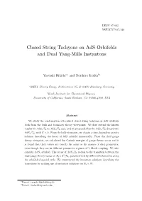 Closed String Tachyons on Ads Orbifolds and Dual Yang-Mills Instantons