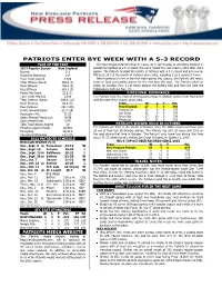 Patriots Enter Bye Week with a 5-3 Record