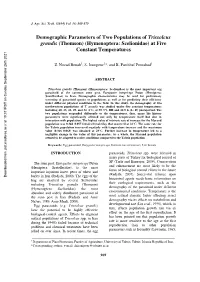 Demographic Parameters of Two Populations of Trissolcus Grandis (Thomson) (Hymenoptera: Scelionidae) at Five Constant Temperatures