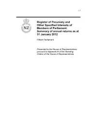 Register of Pecuniary and Other Specified Interests of Members of Parliament: Summary of Annual Returns As at 31 January 2012