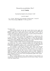 Researches on Polyhedra, Part I A.-L