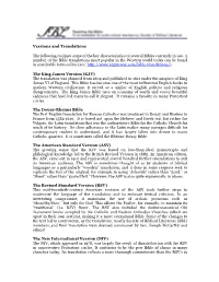 Versions and Translations the Following Outlines Some of the Key