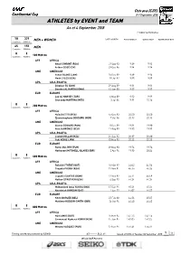 ATHLETES by EVENT and TEAM As of 4 September 2018 I = Indoor Performance