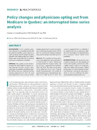 Policy Changes and Physicians Opting out from Medicare in Quebec: an Interrupted Time-Series Analysis