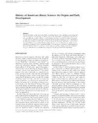 History of American Library Science: Its Origins and Early Development