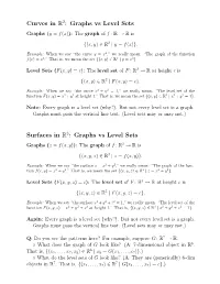 Curves in R2: Graphs Vs Level Sets Surfaces in R3