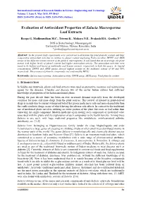 Evaluation of Antioxidant Properties of Salacia Macrosperma Leaf Extracts