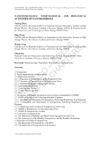 Nanotoxicology: Toxicological and Biological Activities of Nanomaterials - Yuliang Zhao, Bing Wang, Weiyue Feng, Chunli Bai