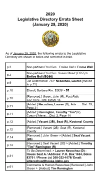 Legislative Directory Errata Sheet (January 29, 2020)