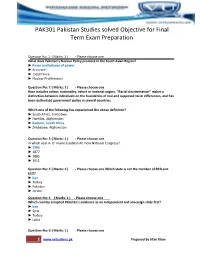 PAK301 Pakistan Studies Solved Objective for Final Term Exam Preparation