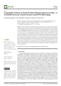 Geographic Pattern of Sushi Product Misdescription in Italy—A Crosstalk Between Citizen Science and DNA Barcoding