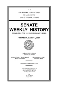 Senate Weekly History Commencing with Sb 1 and Ending with Sb 820