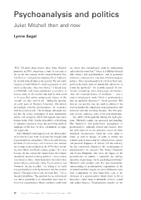 Psychoanalysis and Politics Juliet Mitchell Then and Now