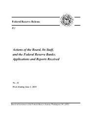 Actions of the Board, Its Staff, and the Federal Reserve Banks; Applications and Reports Received