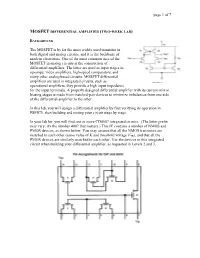 Mosfet Differential Amplifier (Two-Week Lab)