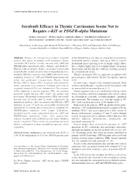 Sorafenib Efficacy in Thymic Carcinomas Seems Not to Require C-KIT Or PDGFR-Alpha Mutations