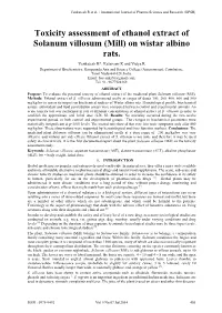Toxicity Assessment of Ethanol Extract of Solanum Villosum (Mill) on Wistar Albino Rats