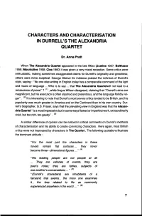 Characters and Characterisation in Durrell's the Alexandria Quartet