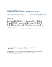 (IGCAR) Kalpakkam (Chennai): a Scientometric Analysis Jeyshankar