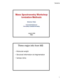 Mass Spectrometry Workshop Ionization Methods Three Major Info