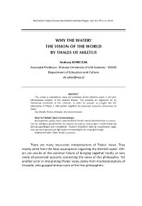 Why the Water? the Vision of the World by Thales of Miletus