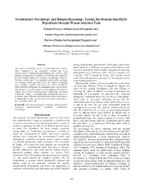 Evolutionary Psychology and Human Reasoning: Testing the Domain-Specificity Hypothesis Through Wason Selection Task