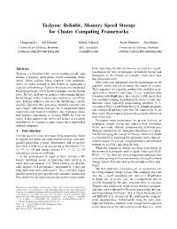 Tachyon: Reliable, Memory Speed Storage for Cluster Computing Frameworks