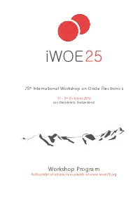 Workshop Program Full Booklet of Abstracts Available At