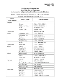 Appendix V(B) (Page 1/16) 2019 Rural Ordinary Election List of Duly Elected Candidates in Uncontested Indigenous Inhabitant Representative Elections