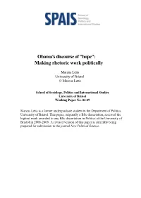 Obama's Discourse of "Hope": Making Rhetoric Work Politically