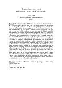 Gerald A. Cohen (1941-2009) an Intellectual Journey Through Radical Thought