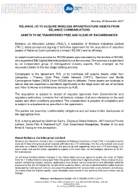 Reliance Jio to Acquire Wireless Infrastructure Assets from Reliance Communications Assets to Be Transferred Free and Clear of Encumbrances