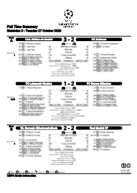 Full Time Summary Matchday 2 - Tuesday 27 October 2020