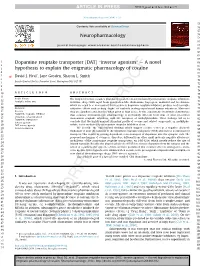 Dopamine Reuptake Transporter (DAT) “Inverse Agonism” E Anovel 66 2 67 3 Hypothesis to Explain the Enigmatic Pharmacology of Cocaine 68 4 * 69 5 Q5 David J