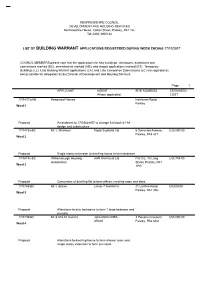 List of Building Warrant Applications Registered During Week Ending 17/11/2017