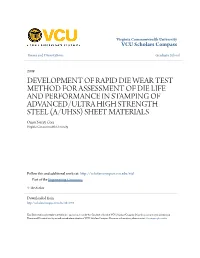 Development of Rapid Die Wear Test Method for Assessment of Die Life and Performance in Stamping of Advanced/Ultra High Strength