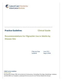 Recommendations for Filgrastim Use in Adults by Disease Site
